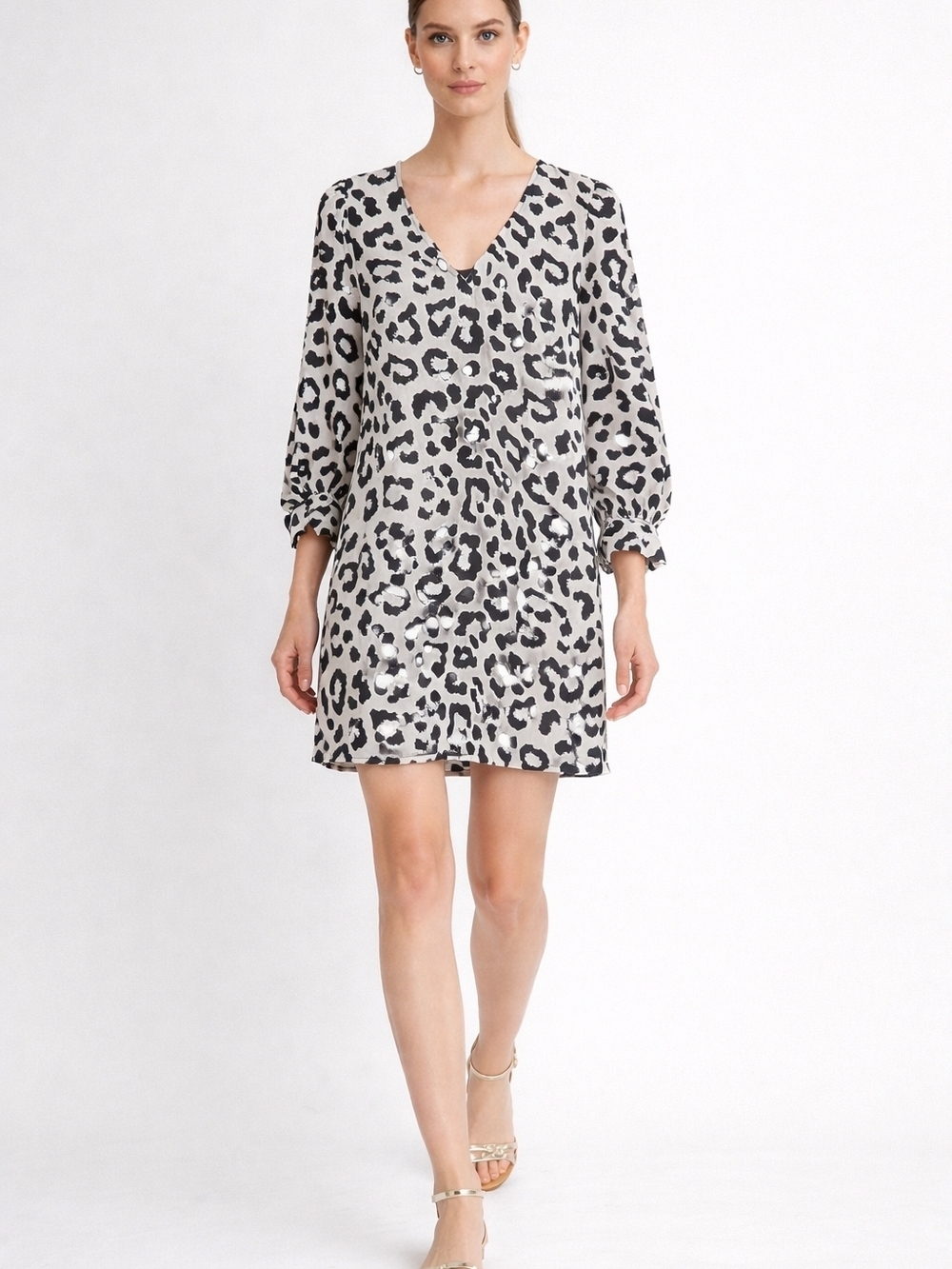 H&M Leopard Print Tunic Dress Size M Black & White V-Neck 3/4 Sleeve.